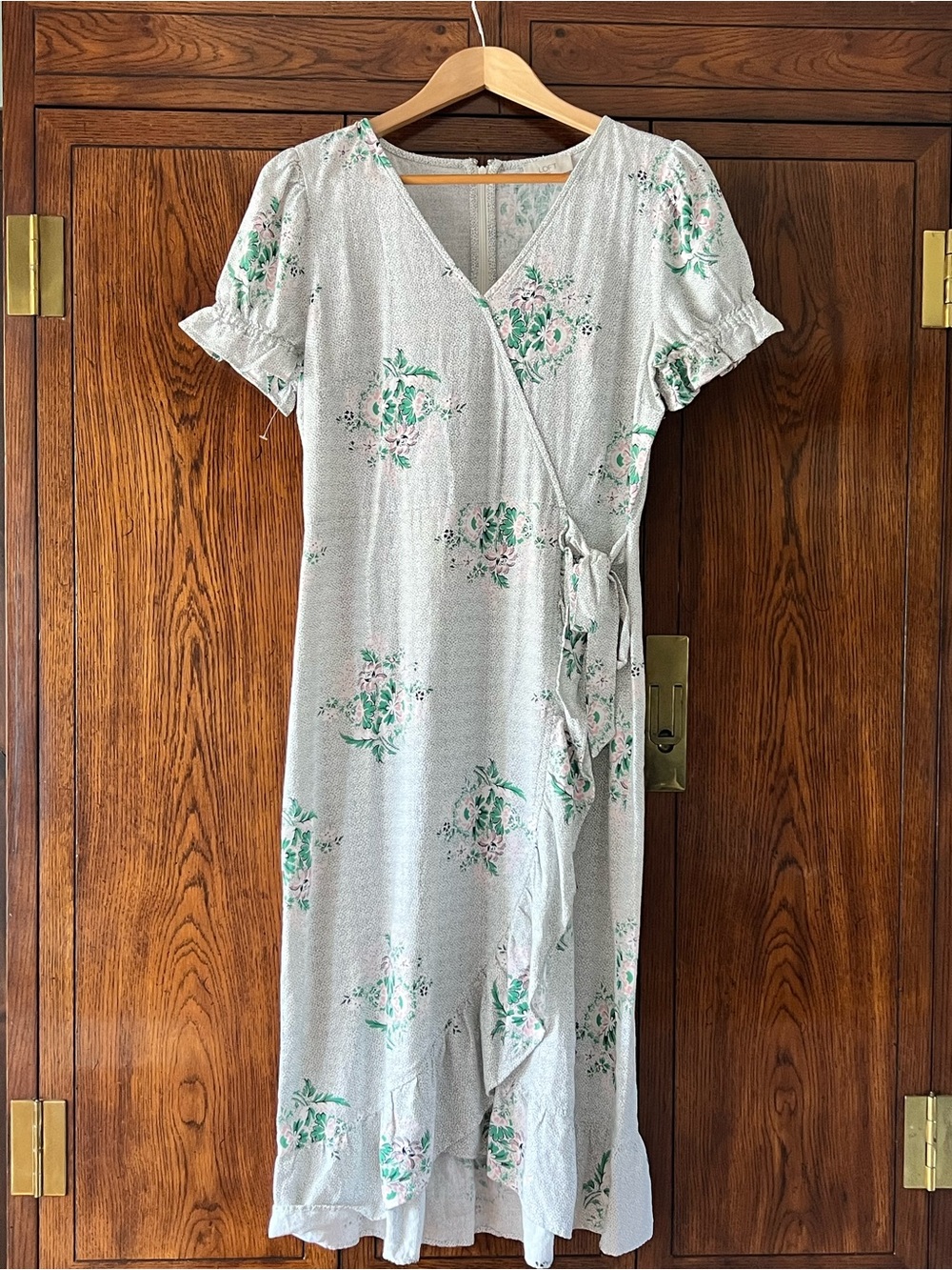 LOFT Light Gray Floral Wrap Dress with Green and Pink Accents